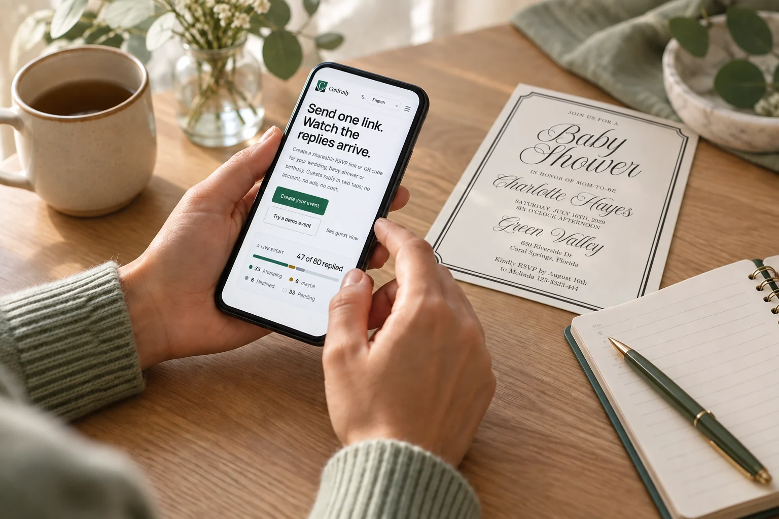 A phone displaying the Confrmly mobile home page beside a Baby Shower invitation.