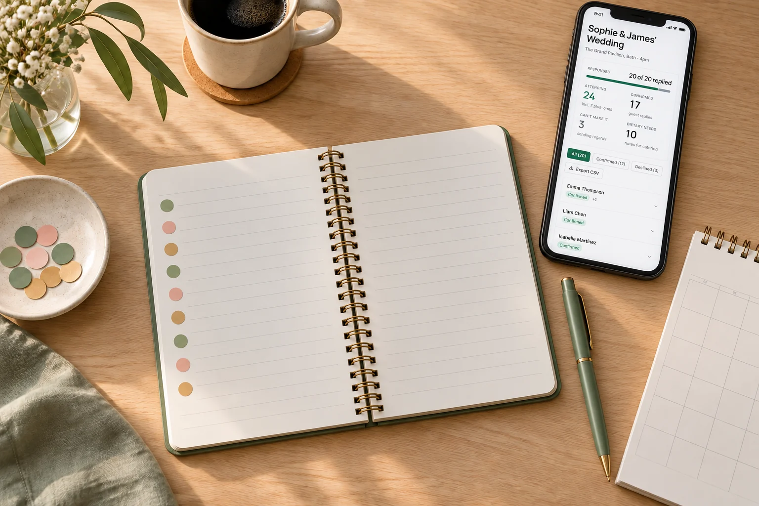 A phone showing a Confrmly sample wedding response dashboard beside a blank guest-tracking notebook.